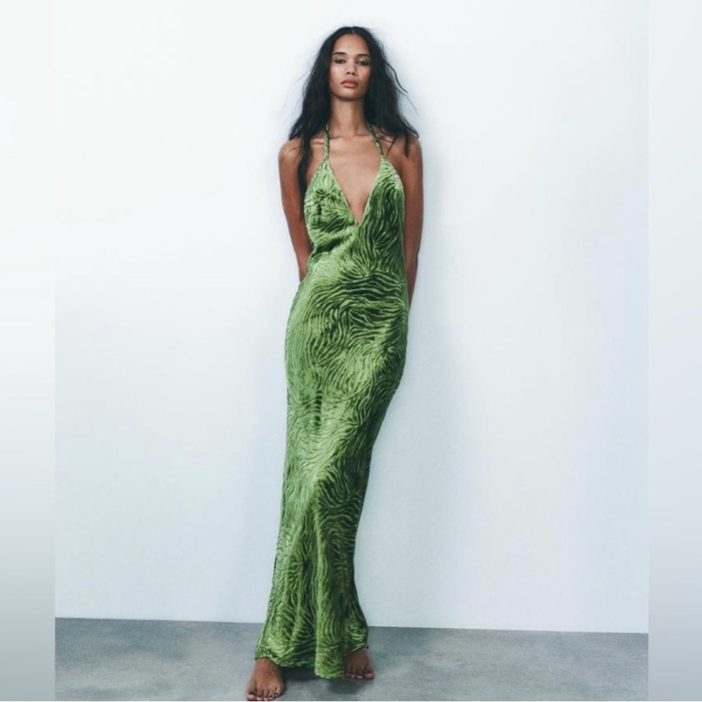 Green Velvet Halter Zebra Print Maxi Dress